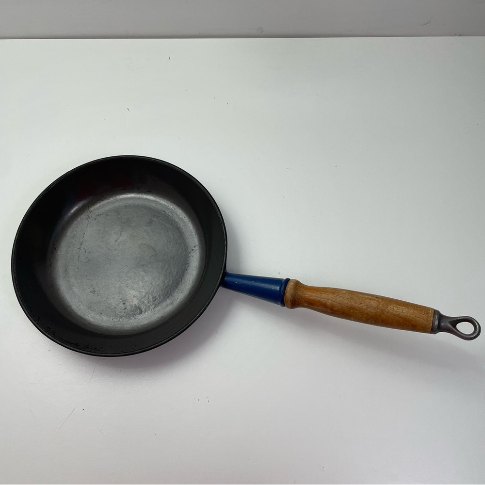 Le Creuset Black and Blue Frying Pan with Wooden Handle